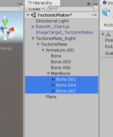 Bone objects added to tectonic plate models in Unity