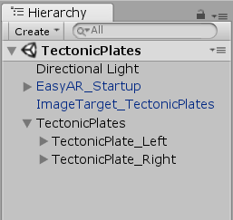 Unity Hierarchy showing Tectonic Plates objects