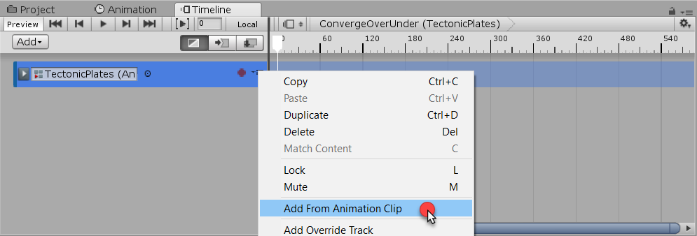 Unity window with Add From Animation Clip highlighted