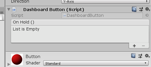 Dashboard Button with On Hold() list in the Unity Inspector
