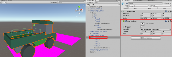 Unity Crane App's truck object with Box Collider