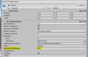 Trail Renderer Component in Unity with Min Vertex Distance highlighted