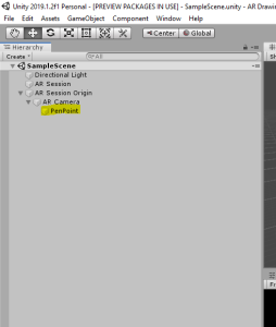 Unity Hierarchy with PenPoint object highlighted