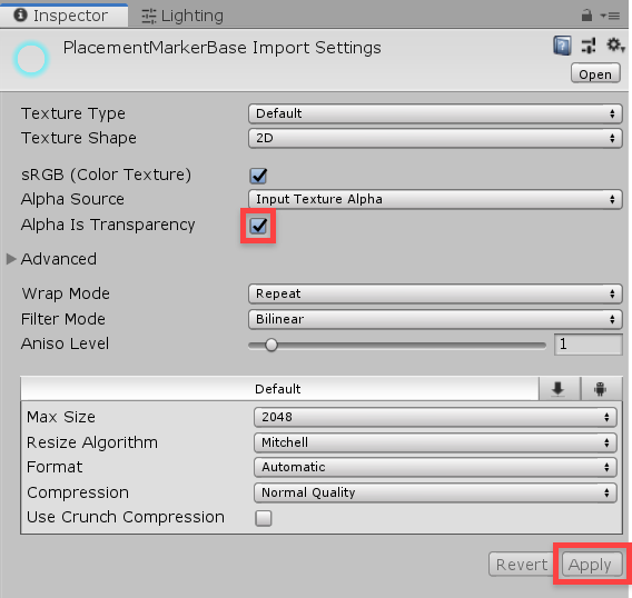 Unity inspector image import settings