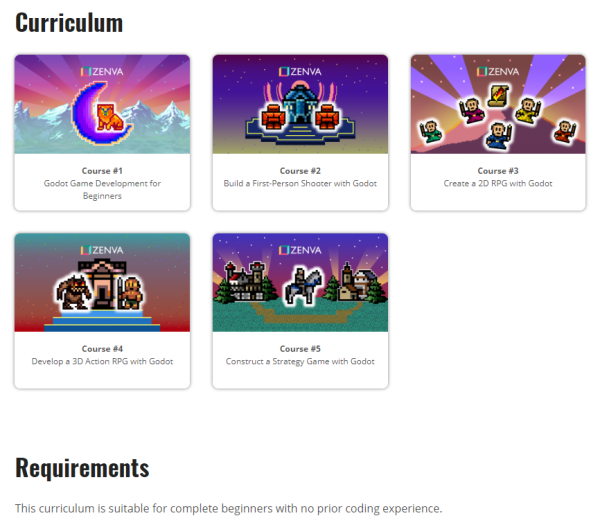 Zenva Godot Game Development Mini-Degree showing requirements